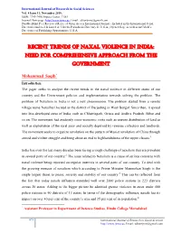 Recent Trends of Naxal Violence in India: Need for Comprehensive Approach from the Government