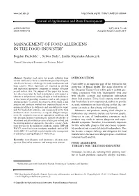 Journal of Agribusiness and Rural Development MANAGEMENT of FOOD ALLERGENS in the FOOD INDUSTRY*