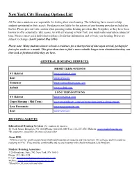 NYC Housing Options List (Updated Circa May 2018)