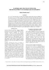 Earthquakes That Have Initiated the Development of Earthquake Engineering