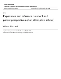 Experience and Influence : Student and Parent Perspectives of an Alternative School