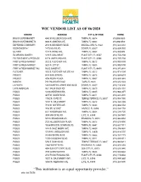 Wic Vendor List As of 06/2020