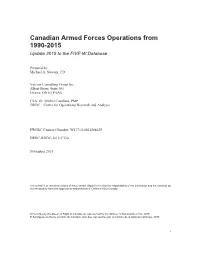 Canadian Armed Forces Operations from 1990-2015 Update 2015 to the FIVE-W Database