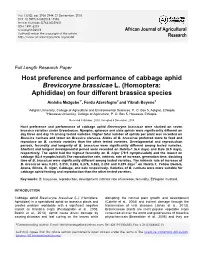Host Preference and Performance of Cabbage Aphid Brevicoryne Brassicae L