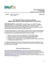 R.J. Reynolds Tobacco Company Submits Modified Risk Tobacco Product Applications for Camel Snus