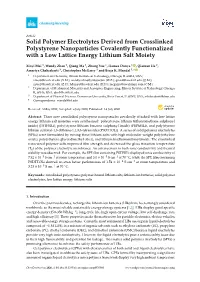 Solid Polymer Electrolytes Derived from Crosslinked Polystyrene Nanoparticles Covalently Functionalized with a Low Lattice Energy Lithium Salt Moiety