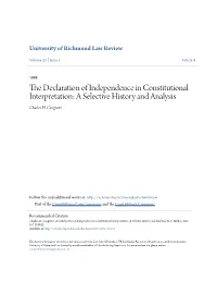 The Declaration of Independence in Constitutional Interpretation: a Selective History and Analysis, 32 U