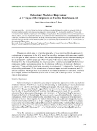 Behavioral Models of Depression: a Critique of the Emphasis on Positive Reinforcement