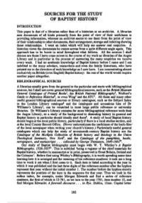 SOURCES for the STUDY of BAPTIST Mstory