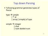 Top Down Parsing • Following Grammar Generates Types of Pascal