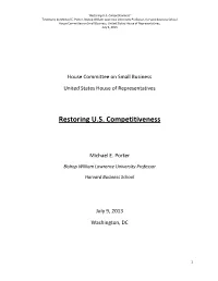 Restoring U.S. Competitiveness” Testimony by Michael E