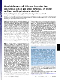 Metallofullerene and Fullerene Formation from Condensing Carbon Gas Under Conditions of Stellar Outflows and Implication to Star