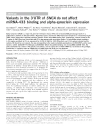 Variants in the 3&Prime;UTR of SNCA Do Not Affect Mirna-433
