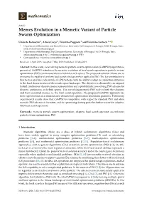 Memes Evolution in a Memetic Variant of Particle Swarm Optimization