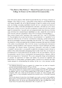 Michel Foucault's Lecture at the Collège De France on Neo-Liberal Governmentality