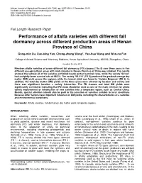Performance of Alfalfa Varieties with Different Fall Dormancy Across Different Production Areas of Henan Province of China