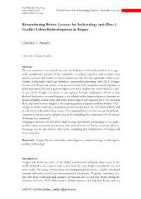 Remembering Beirut: Lessons for Archaeology and (Post-) Conflict Urban Redevelopment in Aleppo