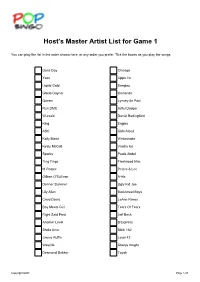 Host's Master Artist List for Game 1