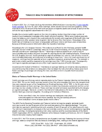 Tobacco Health Warnings: Evidence of Effectiveness