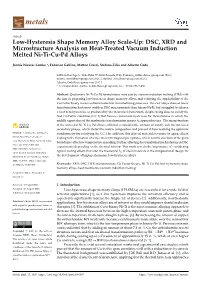 Low-Hysteresis Shape Memory Alloy Scale-Up: DSC, XRD and Microstructure Analysis on Heat-Treated Vacuum Induction Melted Ni-Ti-Cu-Pd Alloys