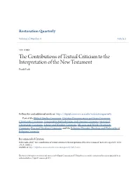 The Contributions of Textual Criticism to the Interpretation of the New Testament