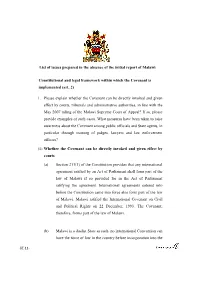 List of Issues Prepared in the Absence of the Initial Report of Malawi