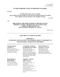 Appendix 1: Overview of Plaintiff’S Witnesses, Select Tsilhqot’In Genealogies, Trapline Summaries