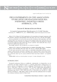 Field Experiments on the Association of Decapod Crustaceans with Sea Anemones, Anemonia Viridis (Forsskål, 1775)