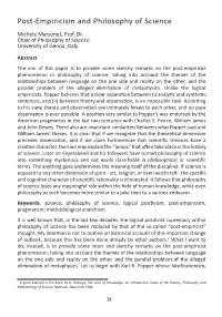 Post-Empiricism and Philosophy of Science Michele Marsonet, Prof