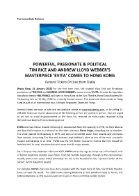 EVITA’ COMES to HONG KONG General Tickets on Sale from Today