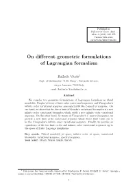 On Different Geometric Formulations of Lagrangian Formalism
