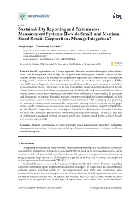 Sustainability Reporting and Performance Measurement Systems: How Do Small- and Medium- Sized Beneﬁt Corporations Manage Integration?