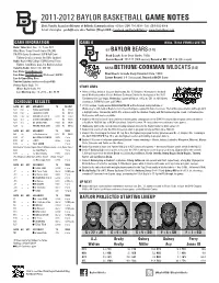 2011-2012 Baylor Basketball Game Notes