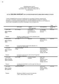 List of Building Warrant Applications Registered During Week Ending 21/10/2016