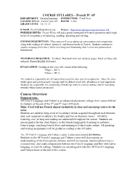 COURSE SYLLABUS – French IV Honors