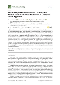 Relative Importance of Binocular Disparity and Motion Parallax for Depth Estimation: a Computer Vision Approach