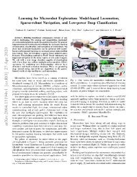 Learning for Microrobot Exploration: Model-Based Locomotion, Sparse-Robust Navigation, and Low-Power Deep Classification
