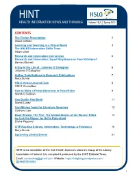Spring 2021 HEALTH INFORMATION NEWS and THINKING Volume 19(1) Spring 2021