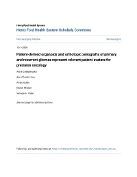 Patient-Derived Organoids and Orthotopic Xenografts of Primary and Recurrent Gliomas Represent Relevant Patient Avatars for Precision Oncology