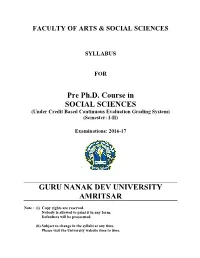 Pre Ph.D. Course in SOCIAL SCIENCES GURU NANAK DEV