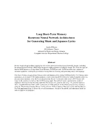 Long Short-Term Memory Recurrent Neural Network Architectures for Generating Music and Japanese Lyrics