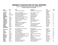 Midwest Association of Rail Shippers Final List of 881 Registrations for the January 2020 Mars Meeting Displayed Alphabetically by Attendee