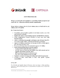 Merger of Unicredit and Capitalia to Consolidate Italian Footprint and Create the No