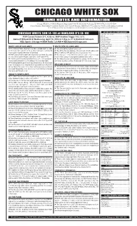 Chicago White Sox Game Notes and Information