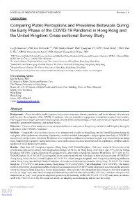 Comparing Public Perceptions and Preventive Behaviors During the Early Phase of the COVID-19 Pandemic in Hong Kong and the United Kingdom: Cross-Sectional Survey Study