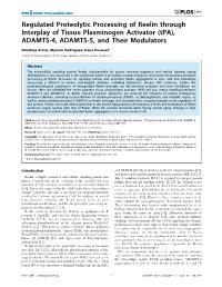 Regulated Proteolytic Processing of Reelin Through Interplay of Tissue Plasminogen Activator (Tpa), ADAMTS-4, ADAMTS-5, and Their Modulators