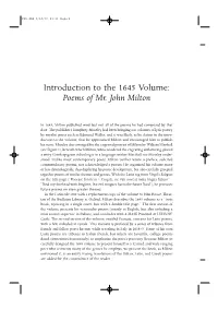 Introduction to the 1645 Volume: Poems of Mr. John Milton