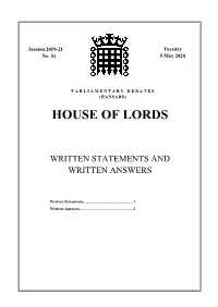 House of Lords Written Answers and Statements