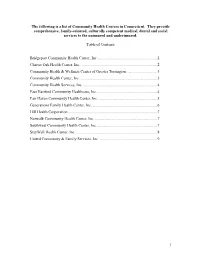 The Following Is a List of Community Health Centers in Connecticut