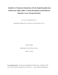 Sensitivity of Numerical Simulation of Early Rapid Intensification of Hurricane Emily (2005) to Cloud Microphysical and Planetary Boundary Layer Parameterizations